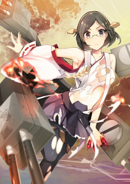 Anime picture 707x1000 with kantai collection kirishima battleship tetsubuta single tall image looking at viewer short hair light erotic black hair bare shoulders traditional clothes japanese clothes grey eyes torn clothes burning girl skirt detached sleeves water glasses