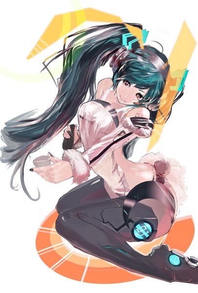 Anime picture 1292x1912 with vocaloid hatsune miku nanatsuki sousuke single long hair tall image fringe breasts light erotic smile sitting twintails holding brown eyes nail polish fingernails green hair wariza bare back arched back