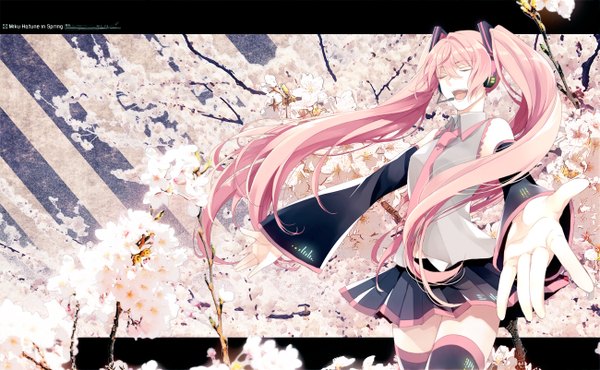 Anime picture 1300x802 with vocaloid hatsune miku sakura miku katase waka single long hair open mouth wide image twintails pink hair eyes closed cherry blossoms happy floral background singing girl thighhighs skirt uniform flower (flowers)