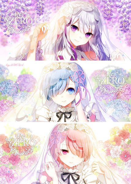 Anime picture 800x1120 with re:zero kara hajimeru isekai seikatsu white fox rem (re:zero) emilia (re:zero) ram (re:zero) myoya long hair tall image looking at viewer fringe short hair blue eyes purple eyes multiple girls blue hair pink hair silver hair pink eyes hair over one eye maid