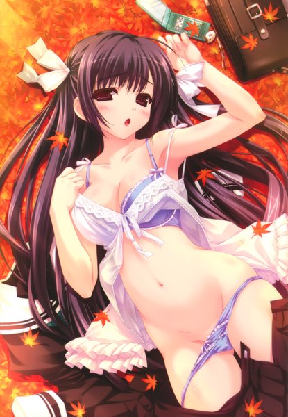 Anime picture 4823x6970 with shintarou single long hair tall image blush highres open mouth light erotic black hair red eyes absurdres cleavage girl navel underwear panties ribbon (ribbons) hair ribbon leaf (leaves) school bag