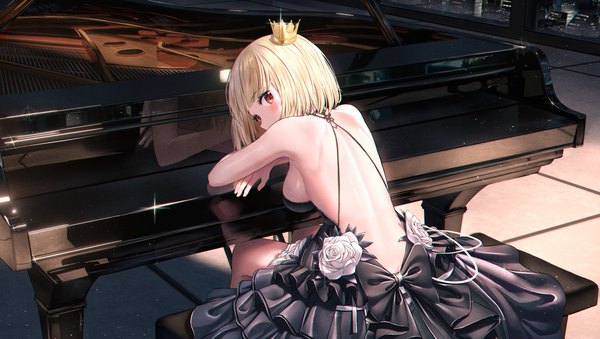 Anime picture 3387x1915 with original cream (cream) nay single blush fringe highres short hair breasts light erotic blonde hair red eyes wide image large breasts sitting blunt bangs looking back sparkle sleeveless back