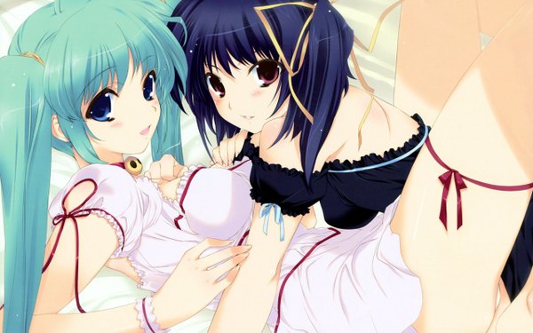 Anime picture 1280x800 with melonbooks melon-chan iizuki tasuku blue eyes light erotic wide image twintails multiple girls purple hair pink eyes green hair girl underwear panties ribbon (ribbons) 2 girls