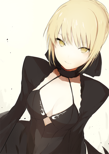 Anime picture 620x877 with fate (series) fate/grand order artoria pendragon (all) saber alter lpip single tall image looking at viewer fringe short hair breasts simple background blonde hair white background yellow eyes cleavage dutch angle girl dress black dress