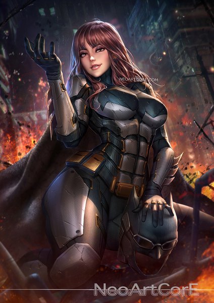 Anime picture 800x1132 with batman dc comics batman (character) nudtawut thongmai single long hair tall image looking at viewer fringe breasts brown hair large breasts brown eyes parted lips realistic city cityscape genderswap superhero girl