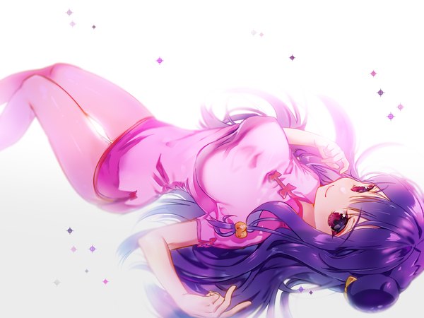 Anime picture 2000x1500 with ranma 1/2 shampoo (ranma 1/2) linebj single long hair looking at viewer fringe highres breasts light erotic simple background smile hair between eyes large breasts white background purple eyes purple hair traditional clothes hair bun (hair buns) chinese clothes