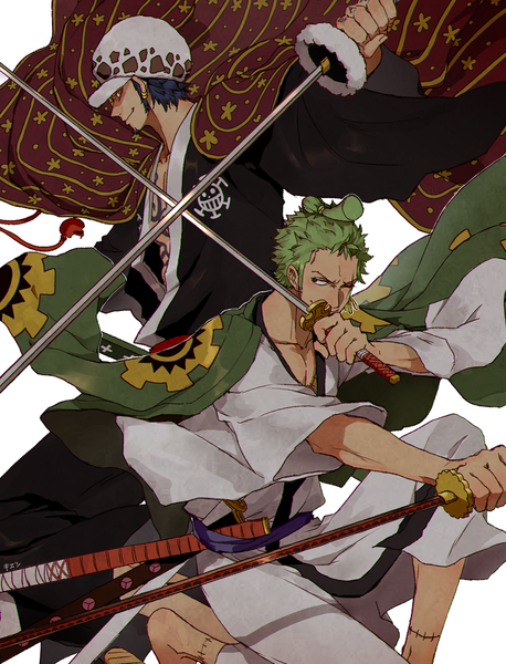 Anime picture 1100x1440 with one piece toei animation roronoa zoro trafalgar law kieshi heta tall image short hair black hair holding traditional clothes japanese clothes profile green hair multiple boys tattoo scar clothes on shoulders dual wielding samurai crossed swords