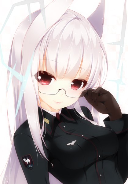 Anime picture 979x1400 with strike witches heidimarie w schnaufer shokuyou mogura single long hair tall image looking at viewer red eyes animal ears white hair girl uniform glasses military uniform