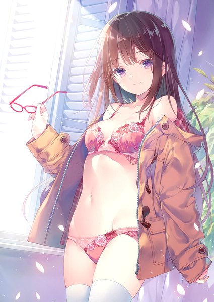 Anime picture 2093x2952 with original miwabe sakura single long hair tall image blush fringe highres breasts light erotic smile brown hair purple eyes bare shoulders holding payot cleavage indoors blunt bangs long sleeves