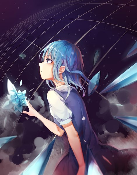 Anime picture 2988x3815 with touhou cirno huanxiang heitu single long hair tall image highres blue eyes blue hair looking away steam girl dress star (stars) ice