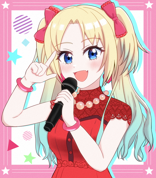 Anime picture 2894x3309 with link! like! love live! sunrise (studio) love live! osawa rurino oekaki umio single long hair tall image looking at viewer blush highres open mouth blue eyes simple background blonde hair smile twintails holding upper body :d