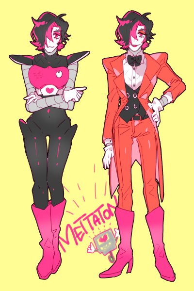 Anime picture 800x1200 with undertale mettaton (undertale) piyo (ppotatto) tall image looking at viewer fringe short hair open mouth black hair smile standing pink hair full body pink eyes multicolored hair hair over one eye open jacket two-tone hair high heels crossed arms