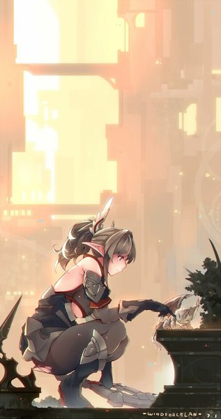 Anime picture 609x1151 with original pixiv fantasia pixiv fantasia t windforcelan single long hair tall image light erotic brown hair bare shoulders brown eyes signed ponytail city squat elf jpeg artifacts futuristic girl gloves