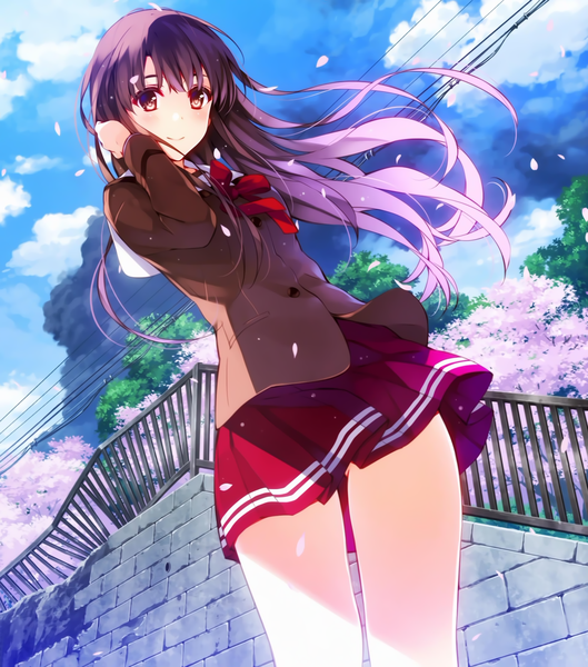 Anime picture 1920x2176 with saenai heroine no sodatekata a-1 pictures katou megumi misaki kurehito single long hair tall image looking at viewer blush highres light erotic brown hair brown eyes sky cloud (clouds) wind official art cherry blossoms girl skirt