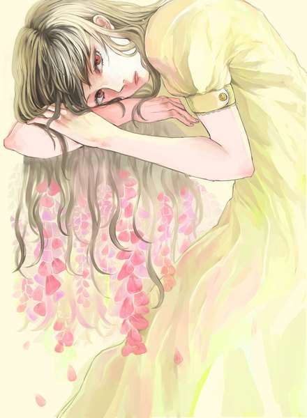 Anime picture 1445x1971 with original ajino motoko single long hair tall image looking at viewer fringe blonde hair red eyes hair flower reclining girl dress hair ornament flower (flowers) wisteria yellow dress