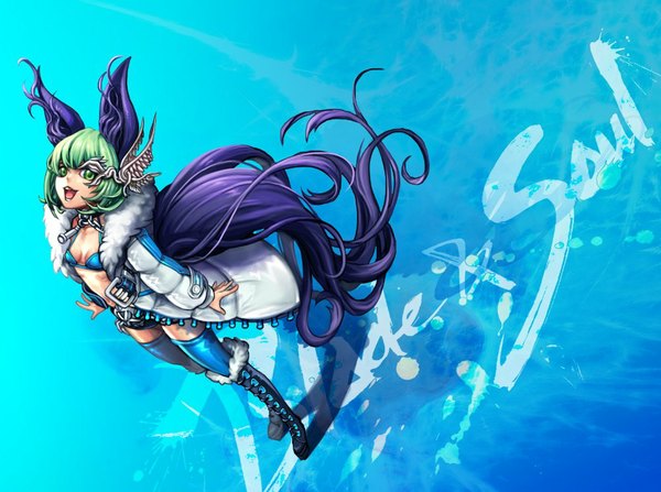 Anime picture 1000x746 with blade & soul lyn (blade & soul) tagme (artist) single short hair open mouth simple background green eyes animal ears tail animal tail green hair open clothes open jacket blue background girl thighhighs hair ornament jacket boots