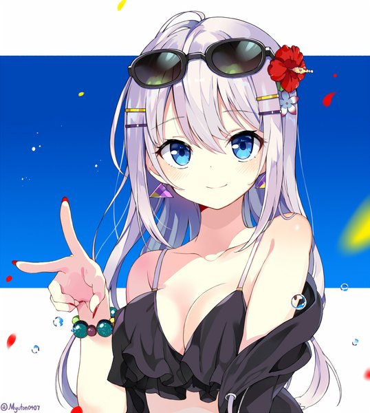 Anime picture 896x1000 with original myuton single long hair tall image looking at viewer blush fringe breasts blue eyes light erotic smile hair between eyes bare shoulders signed payot silver hair upper body nail polish hair flower