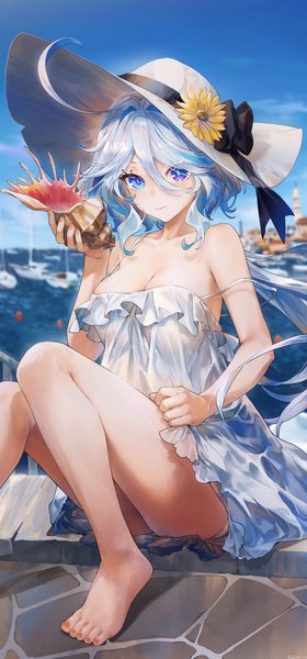 Anime picture 2957x6345 with genshin impact furina (genshin impact) swkl:d single long hair tall image looking at viewer fringe highres breasts blue eyes light erotic hair between eyes large breasts sitting bare shoulders holding sky cleavage silver hair
