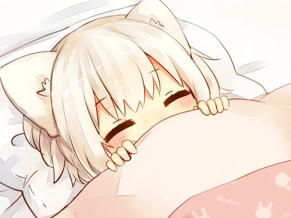 Anime picture 1200x900 with touhou inubashiri momiji sawatari (sado) single blush fringe short hair animal ears white hair lying eyes closed on back sleeping covered mouth wolf ears = = girl pillow blanket futon