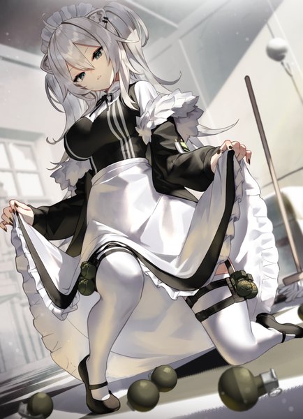 Anime picture 2352x3250 with virtual youtuber hololive shishiro botan scottie (phantom2) single long hair tall image looking at viewer fringe highres breasts hair between eyes animal ears silver hair bent knee (knees) indoors nail polish parted lips head tilt fingernails