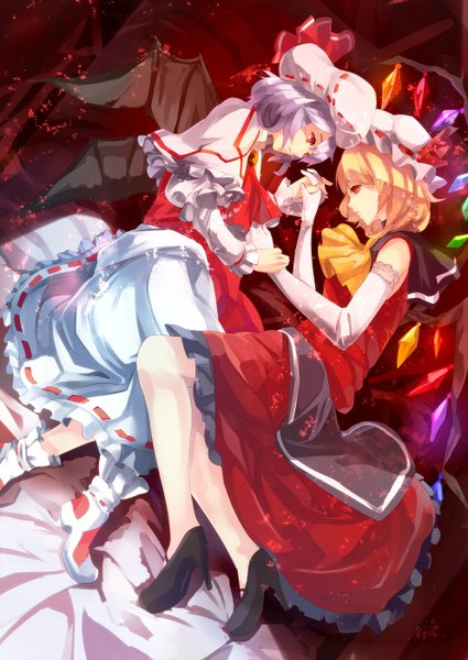 Anime picture 992x1400 with touhou flandre scarlet remilia scarlet three k (spiritus no honoo) tall image short hair blonde hair red eyes multiple girls purple hair high heels holding hands siblings bat wings sisters girl dress skirt gloves 2 girls