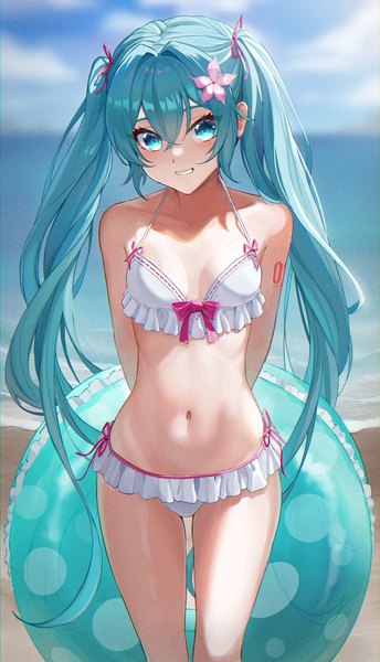 Anime picture 1364x2378 with vocaloid hatsune miku bibboss39 single long hair tall image looking at viewer fringe smile hair between eyes twintails outdoors hair flower aqua eyes aqua hair hands behind back horizon girl navel flower (flowers)