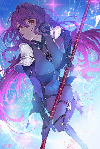 Anime picture 676x1000 with fate (series) fate/grand order scathach (fate) (all) scathach (fate) damda single long hair tall image looking at viewer blush fringe breasts light erotic hair between eyes red eyes large breasts standing holding signed purple hair