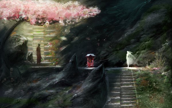 Anime picture 1207x764 with original hungerartist cherry blossoms landscape ghost plant (plants) petals tree (trees) stairs cliff