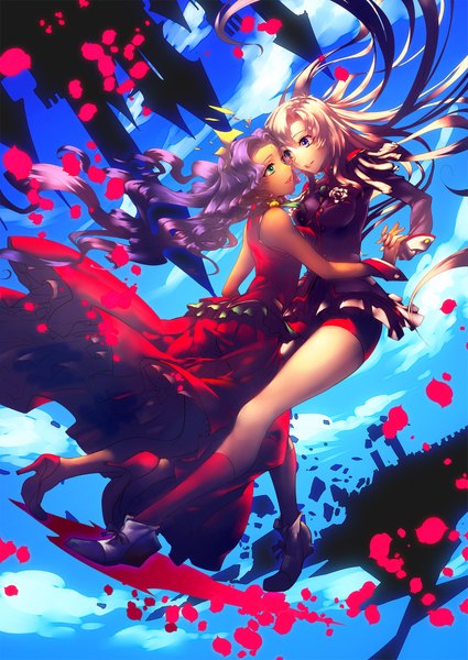 Anime picture 1417x2000 with revolutionary girl utena j.c. staff tenjou utena himemiya anthy tamachi kuwa long hair tall image blush open mouth blue eyes blonde hair smile multiple girls green eyes sky purple hair cloud (clouds) holding hands shoujo ai eye contact