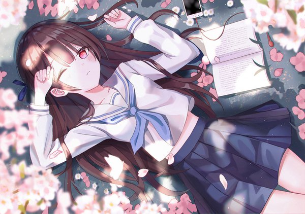 Anime picture 1500x1055 with original iren lovel single long hair looking at viewer blush red eyes brown hair outdoors lying one eye closed on back cherry blossoms girl uniform petals serafuku headphones book (books) mobile phone