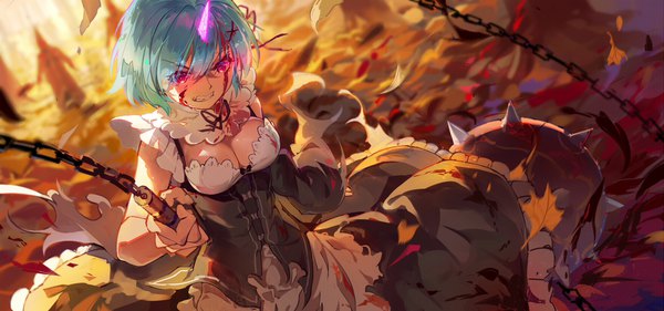 Anime picture 1753x822 with re:zero kara hajimeru isekai seikatsu white fox rem (re:zero) baisi shaonian single fringe highres short hair wide image holding blue hair horn (horns) hair over one eye maid sleeveless glowing glowing eye (eyes) oni horns angry bleeding