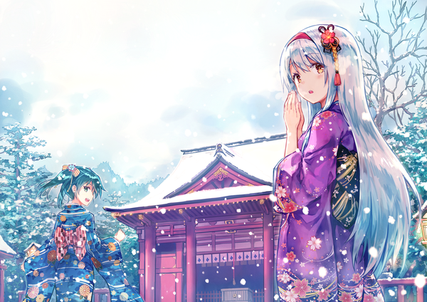 Anime picture 2000x1414 with kantai collection shoukaku aircraft carrier zuikaku aircraft carrier hiten (hitenkei) blush fringe highres open mouth red eyes standing twintails multiple girls silver hair outdoors traditional clothes japanese clothes looking back aqua eyes aqua hair from below