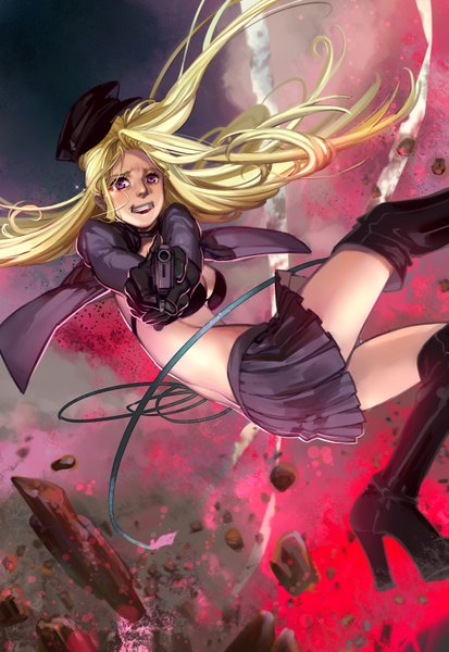 Anime picture 1000x1453 with noragami studio bones bishamonten (noragami) lantty single long hair tall image looking at viewer breasts blonde hair purple eyes holding bent knee (knees) pleated skirt lips high heels lipstick red lipstick angry falling