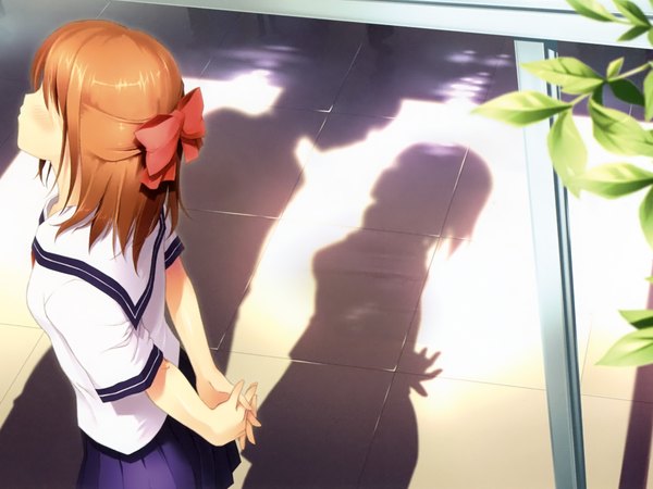 Anime picture 1920x1440 with 5 nenme no houkago (artbook) kantoku highres orange hair shadow couple light almost kiss girl uniform bow hair bow school uniform leaf (leaves)