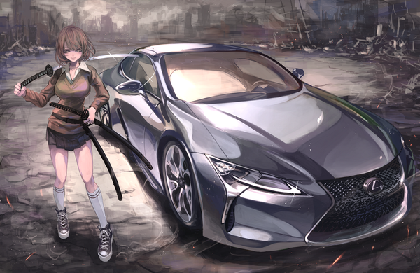 Anime picture 1927x1255 with original toyota koh (minagi kou) single looking at viewer highres short hair brown hair brown eyes girl skirt weapon miniskirt sword socks shoes katana white socks ground vehicle sneakers