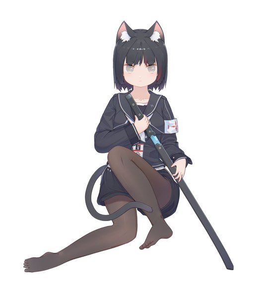 Anime picture 3550x4096 with original puremage single tall image looking at viewer fringe highres short hair black hair simple background white background animal ears absurdres full body tail long sleeves animal tail cat ears cat girl cat tail