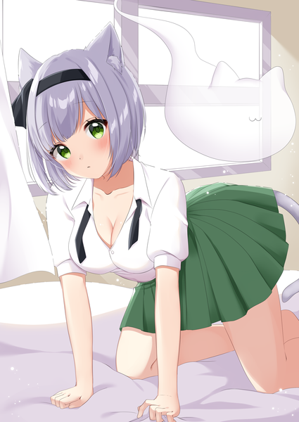 Anime picture 1274x1800 with touhou konpaku youmu myon shiki (s1k1xxx) single tall image looking at viewer blush fringe short hair breasts green eyes animal ears cleavage silver hair tail head tilt animal tail pleated skirt sunlight