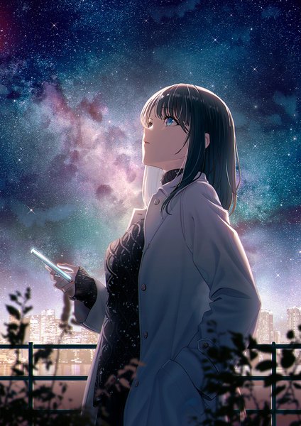 Anime picture 1271x1798 with original hyuuga azuri single long hair tall image fringe blue eyes black hair standing holding outdoors blunt bangs long sleeves parted lips profile blurry night open clothes night sky city