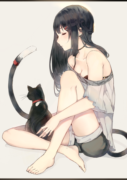 Anime picture 705x1000 with original hadean92 single long hair tall image blush fringe breasts light erotic black hair simple background sitting bare shoulders cleavage full body bent knee (knees) tail eyes closed animal tail profile