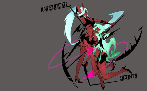 Anime picture 1280x800 with panty & stocking with garterbelt kneesocks (character) scanty long hair light erotic wide image multiple girls horn (horns) aqua hair grey background demon girl licking red skin girl weapon 2 girls wings shoes gun