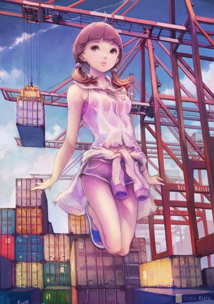 Anime picture 1240x1754 with original chaang single long hair tall image fringe brown hair twintails brown eyes signed looking away full body bent knee (knees) outdoors light smile lipstick low twintails jumping pink lipstick clothes around waist