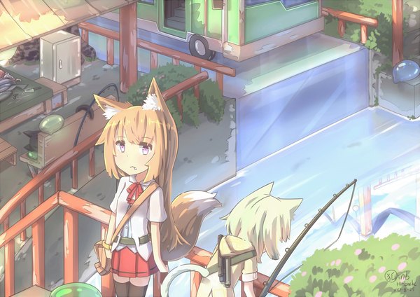 Anime picture 3508x2480 with original hinbackc long hair highres short hair blonde hair standing purple eyes multiple girls signed animal ears absurdres outdoors tail animal tail pleated skirt from above cat ears short sleeves cat girl