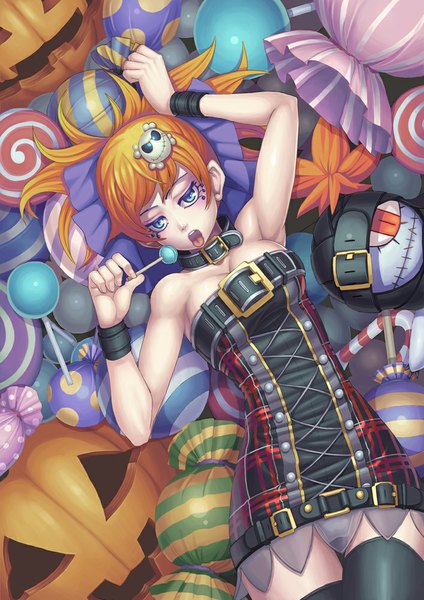 Anime picture 707x1000 with original gonster single long hair tall image looking at viewer open mouth blue eyes light erotic bare shoulders lying from above orange hair arms up on back halloween lacing skull and crossbones girl thighhighs