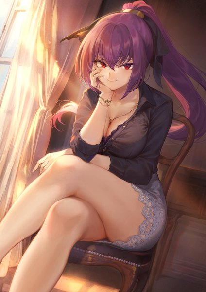 Anime picture 1302x1842 with fate (series) fate/grand order scathach (fate) (all) scathach skadi (fate) mashuu (neko no oyashiro) single long hair tall image looking at viewer blush fringe breasts light erotic smile hair between eyes red eyes large breasts sitting payot cleavage