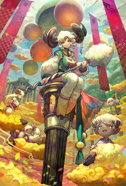 Anime picture 811x1200 with original lack long hair tall image short hair open mouth blonde hair sitting yellow eyes sky cloud (clouds) white hair horn (horns) orange eyes dark skin sheep girl girl animal building (buildings) bell