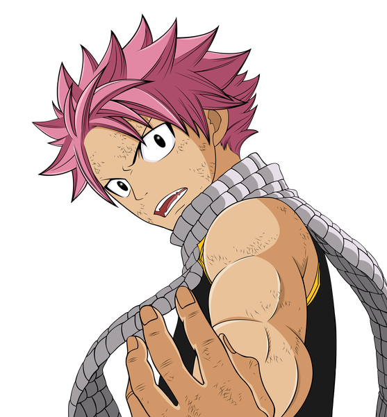 Anime picture 3462x3728 with fairy tail natsu dragneel xthemagicianx single tall image highres short hair open mouth pink hair absurdres black eyes coloring transparent background muscle vector boy scarf