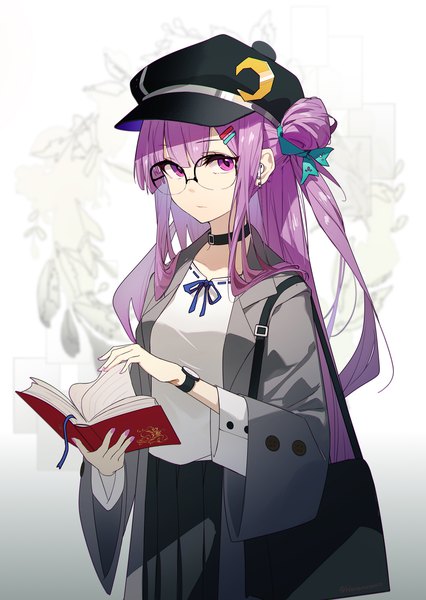 Anime picture 1456x2051 with touhou patchouli knowledge hua ben wuming single long hair tall image looking at viewer purple eyes purple hair hair bun (hair buns) alternate costume bespectacled girl hat choker glasses headphones book (books) bobby pin bag