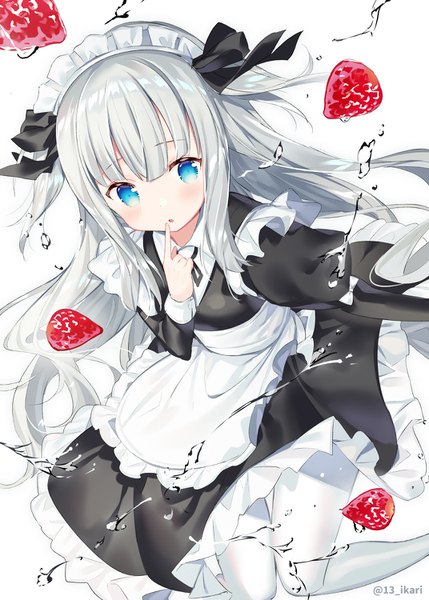 Anime picture 1072x1500 with original ikari (aor3507) single long hair tall image blush blue eyes white background signed silver hair maid two side up twitter username finger to mouth girl uniform pantyhose food headdress maid headdress