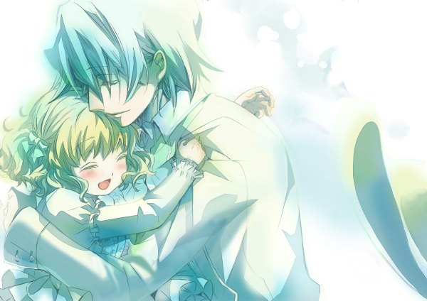 Anime picture 1200x848 with pandora hearts xebec xerxes break kevin regnard little miss sinclair emi (ennichi atelier) blush short hair open mouth blonde hair silver hair eyes closed hug dual persona curly hair girl boy bow hair bow shirt