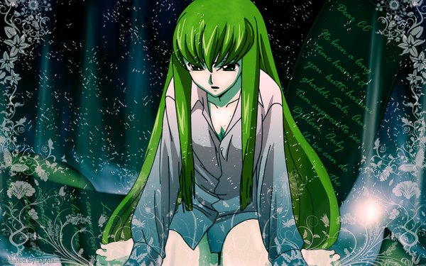 イラスト 1680x1050 と コードギアス サンライズ c.c. ソロ 長髪 前髪 開いた口 wide image 座る 緑の目 green hair 女の子